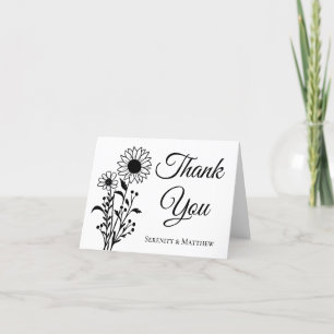 Carte De Remerciements Mariage Floral Élégant Minimaliste Noir et Blanc