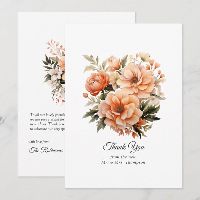 Carte De Remerciements Mariage Floral Fuzz pêche (Devant / Derrière)