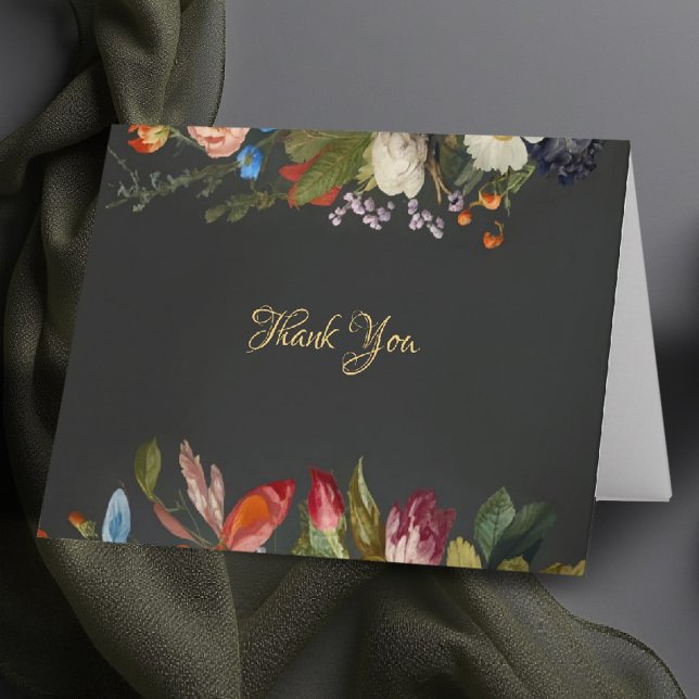 Carte De Remerciements Mariage Floral Gothique Romantique Sombre et Mauss (moody wedding folded thank you card dark romantic gothic elegant modern classic floral oil painting)