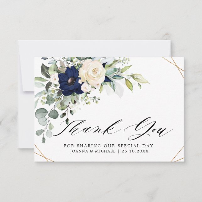 Carte De Remerciements Mariage Floral Greenery Géométrique Navy Rose (Devant)