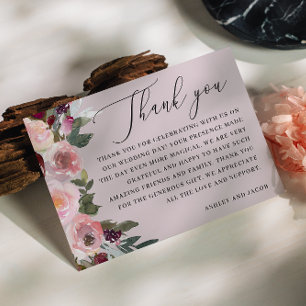 Carte De Remerciements Mariage Floral Mauve Pâle Roses de Jardin Rose