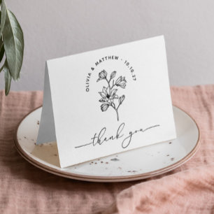 Carte De Remerciements Mariage floral minimaliste   Élégant noir et blanc