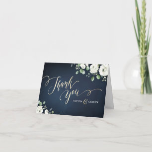 Carte De Remerciements Mariage floral moderne or bleu marine blanc