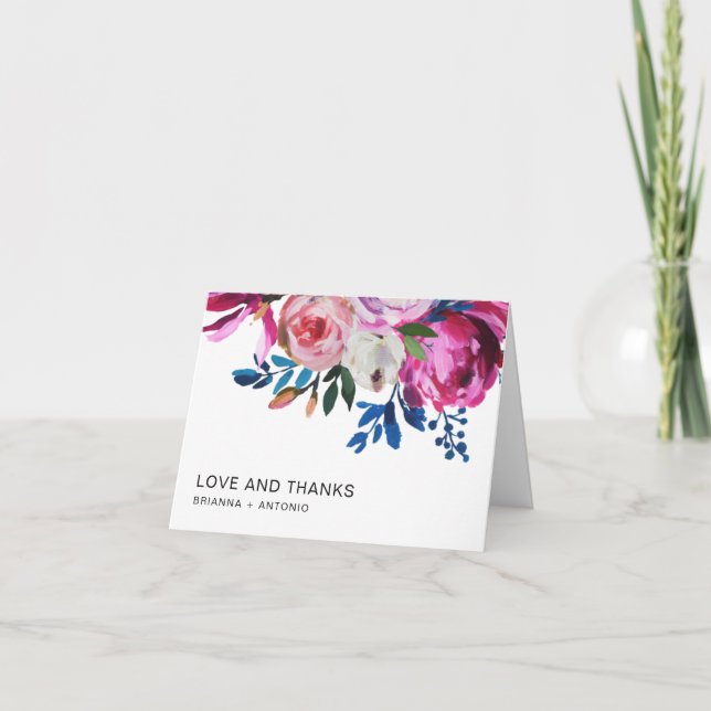 Carte De Remerciements Mariage floral moderne rose vif (Devant)