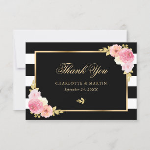 Carte De Remerciements Mariage floral noir blanc rayures doré rose