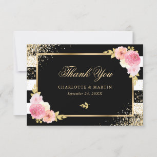 Carte De Remerciements Mariage floral noir blanc rayures doré rose
