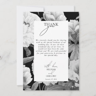 Carte De Remerciements Mariage floral noir et blanc Peonies d'aquarelle