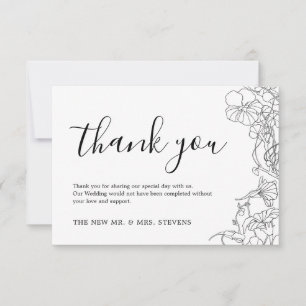 Carte De Remerciements Mariage floral noir et blanc simple