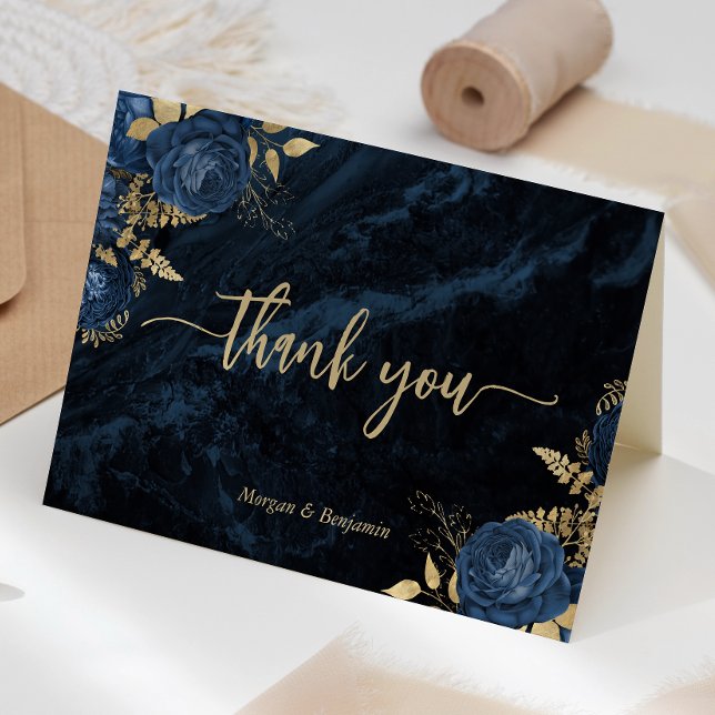 Carte De Remerciements Mariage Floral Or et Bleu Marine Script (Créateur téléchargé)