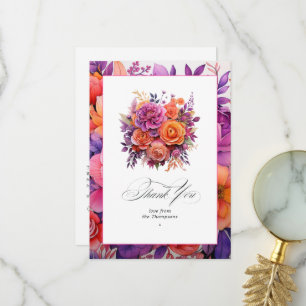 Carte De Remerciements Mariage Floral Orange, Rose Chaud et Violet Royal