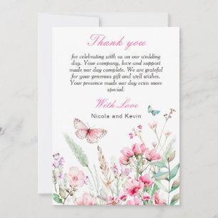 Carte De Remerciements Mariage Floral Papillon Rose Printemps
