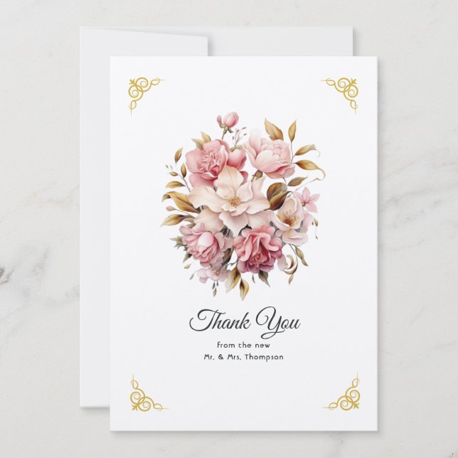 Carte De Remerciements Mariage floral rose et or (Devant)