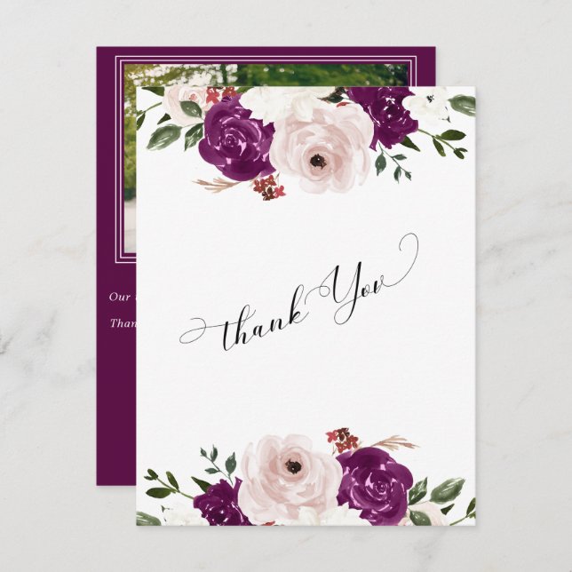 Carte De Remerciements Mariage floral rose rose rose prune moderne (Devant / Derrière)