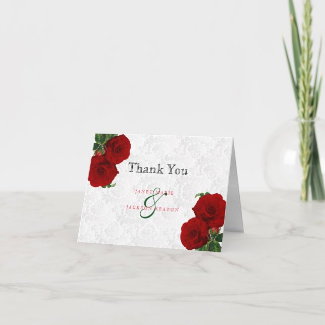 Carte De Remerciements Mariage Floral Rose Rouge Profond (Devant)