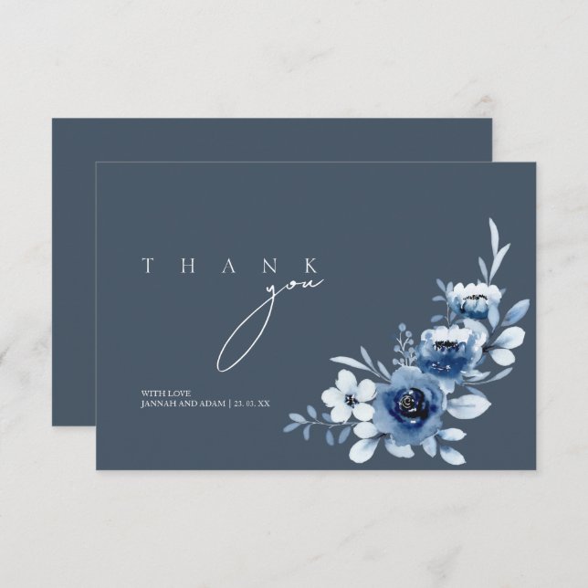 Carte De Remerciements Mariage Floral Rose Royal Bleu simple (Devant / Derrière)