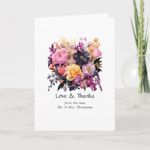 Carte De Remerciements Mariage floral rose, violet, noir et or