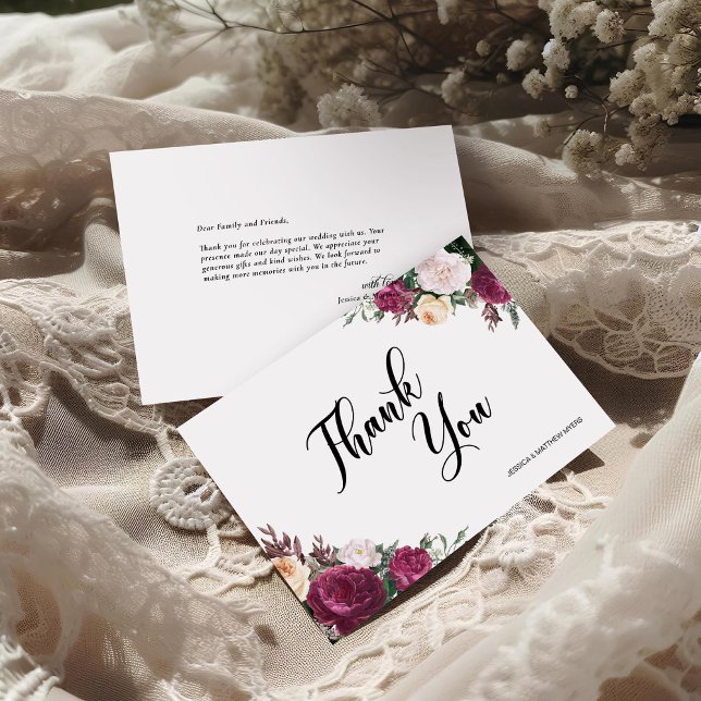 Carte De Remerciements Mariage Floral Script Bohème Bourgogne (Créateur téléchargé)