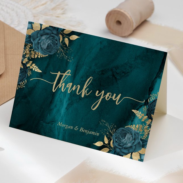 Carte De Remerciements Mariage Floral Script Or et Sarcelle (Créateur téléchargé)