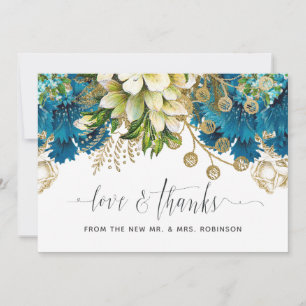Carte De Remerciements Mariage Floral Shabby Turquoise et Or Vintage