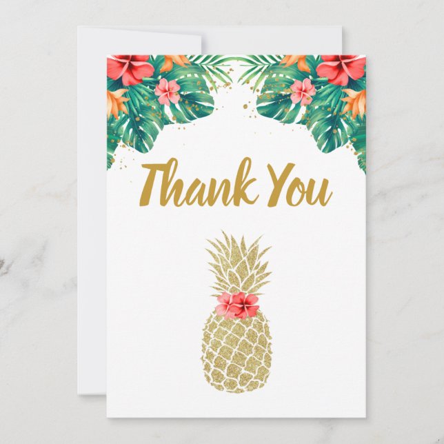 Carte De Remerciements Mariage Glitter Ananas Doré Fleurs Roses (Devant)