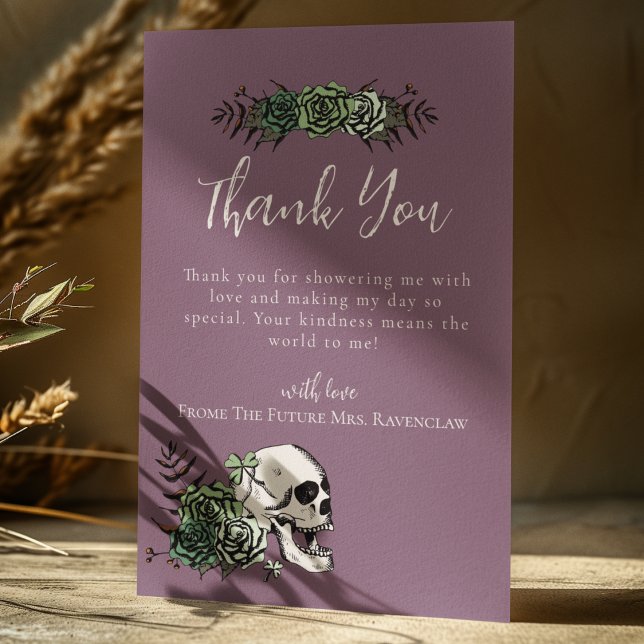 Carte De Remerciements Mariage gothique avec crânes de roses florales vio (Purple Irish Gothic Thank You Card for Bridal Shower or St. Patrick's Day. Hand Drawn Skull & Roses)