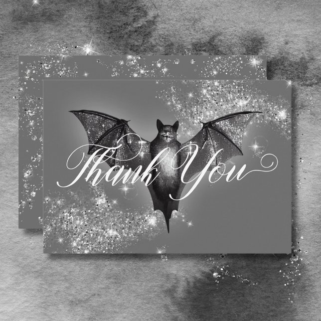 Carte De Remerciements Mariage Halloween noir chauve-souris et diamants (Dark Halloween Glam Bat & Diamonds Wedding Thank You Card)