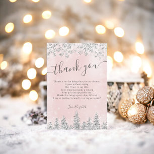 Carte De Remerciements Mariage hivernal rose blush argent pinède enneigée