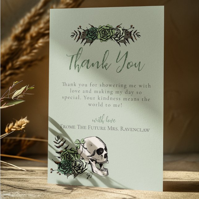 Carte De Remerciements Mariage irlandais de Fête de la Saint-Patrick avec (Elegant Irish Gothic Thank You Card for Bridal Shower or St. Patrick's Day. Hand Drawn Skull & Roses)