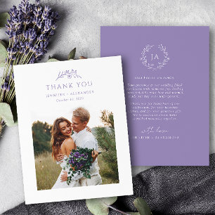 Carte de remerciements Mariage Lavender Monogram