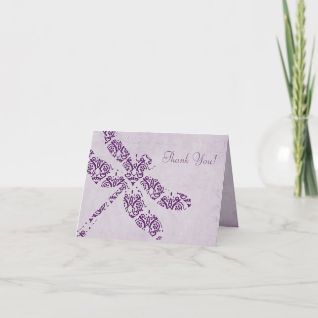 Carte De Remerciements Mariage Libellule Damassé Violet (Devant)