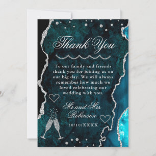 Carte De Remerciements Mariage Marbre Agate Pailleté Sarcelle & Argent