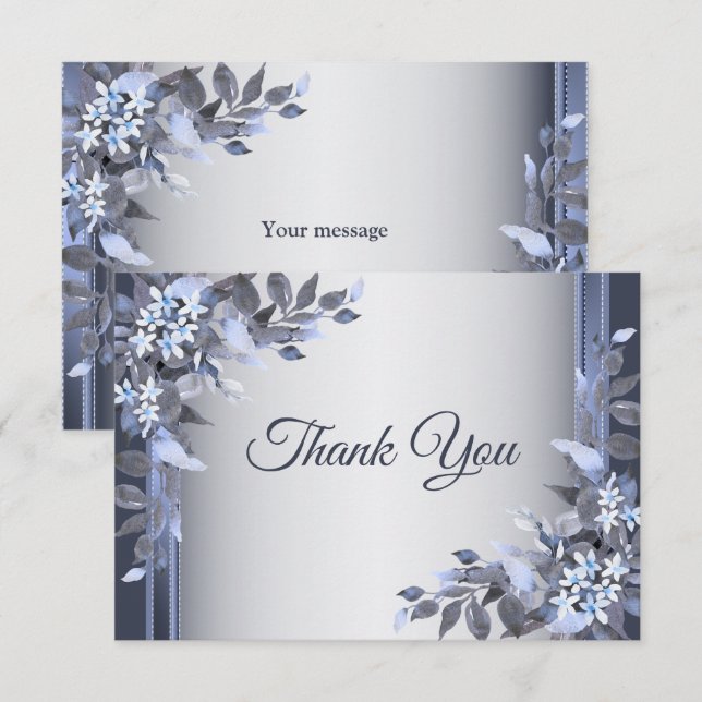 Carte De Remerciements Mariage Marine Bleu Floral Argent Élégant (Devant / Derrière)