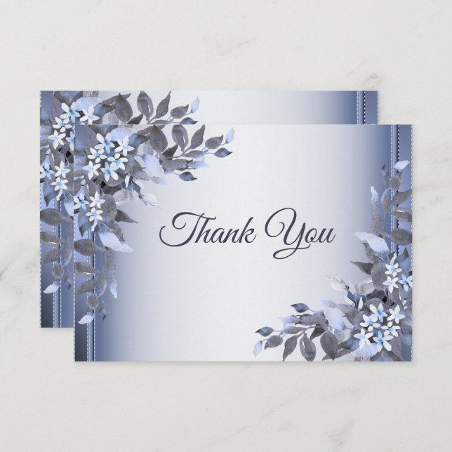 Carte De Remerciements Mariage Marine Bleu Floral Argent Élégant (Devant / Derrière)