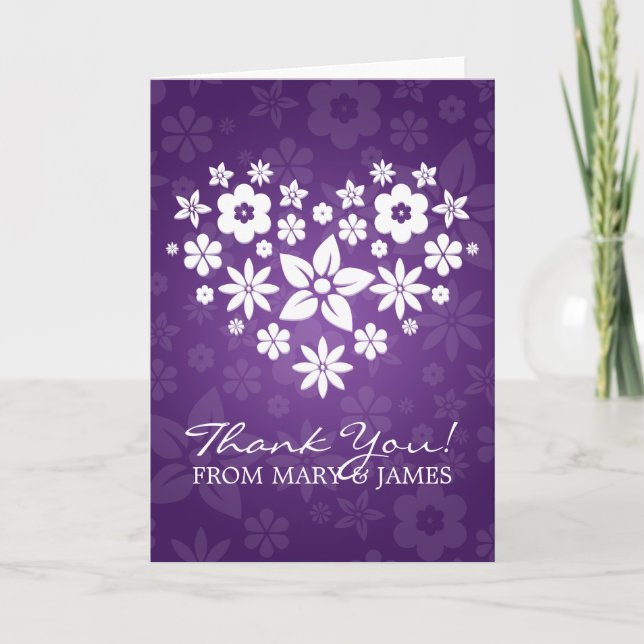 Carte De Remerciements Mariage "Merci" Cœur Fleuri Violet (Devant)