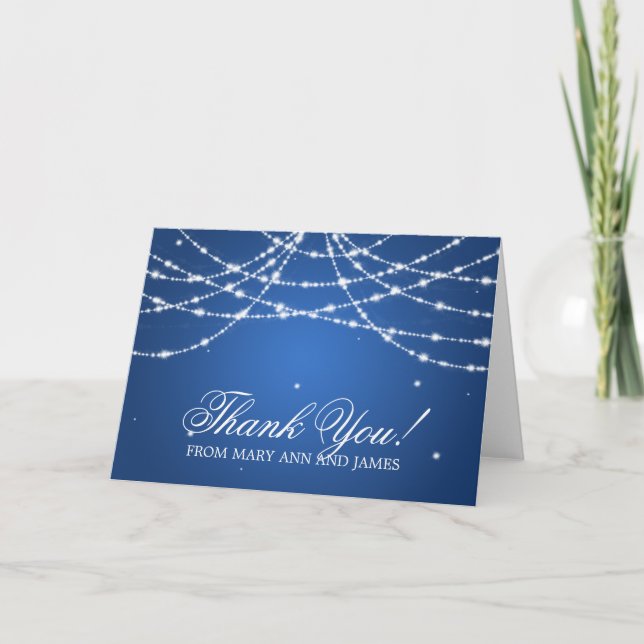 Carte De Remerciements Mariage "Merci" Étincelant Fils Bleu (Devant)