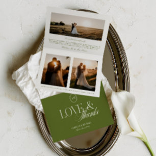 Carte De Remerciements Mariage minimaliste 3 photos vert olive plié