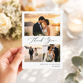 Carte De Remerciements Mariage minimaliste avec collage de photos en scri