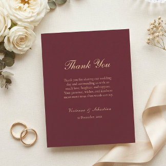 Carte De Remerciements Mariage minimaliste élégant en Bourgogne or