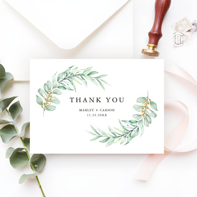 Carte De Remerciements Mariage Minimaliste Moderne à Feuillage Vert (Créateur téléchargé)