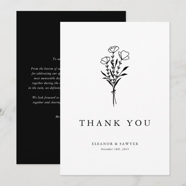 Carte De Remerciements Mariage minimaliste noir (Devant / Derrière)