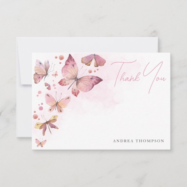 Carte De Remerciements Mariage Modern Rose Pâle Papillons (Devant)