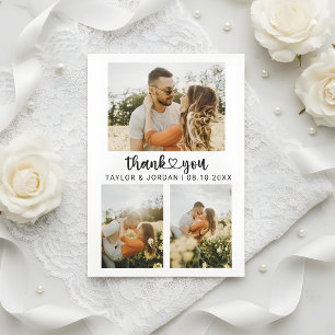 Carte De Remerciements Mariage Moderne à Trois Photos Collage Cœur Script