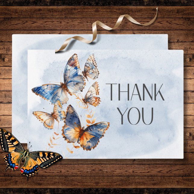 Carte De Remerciements Mariage moderne Blue & Rust Watercolor Butterflies (Modern Blue & Rust Watercolor Butterflies Wedding Thank You Card)