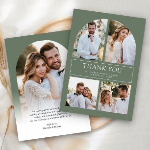Carte De Remerciements Mariage Moderne Collage Photo Arc Vert Sauge