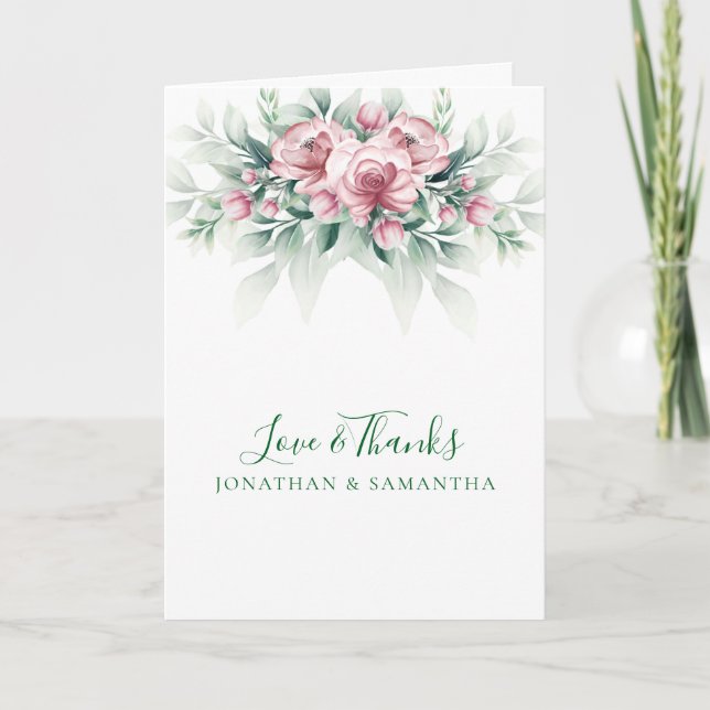 Carte De Remerciements Mariage Moderne Élégant Rose Vert (Devant)