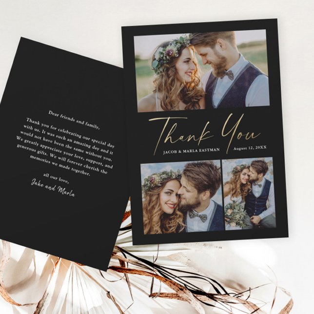 Carte De Remerciements Mariage Moderne Photo Script 3 Or (Créateur téléchargé)