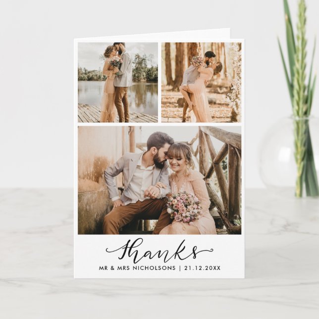 Carte De Remerciements Mariage multiphoto | Script de remerciement élégan (Devant)