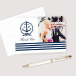 Carte De Remerciements Mariage nautique de la Marine Monogramme Photo<br><div class="desc">Design moderne et preppy nautique de carte de remerciement note design comprend une photo carré de la mariée et du marié avec des initiales de mariage monogramme personnalisées affichées à l'intérieur d'une ancre de bateau avec noeud de corde et détails de bande. Couleurs bleu marine et blanc.</div>