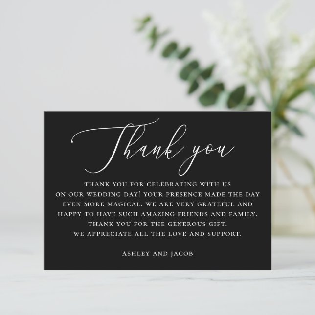 Carte De Remerciements Mariage Noir Classique | Typographie délicate form (Debout devant)