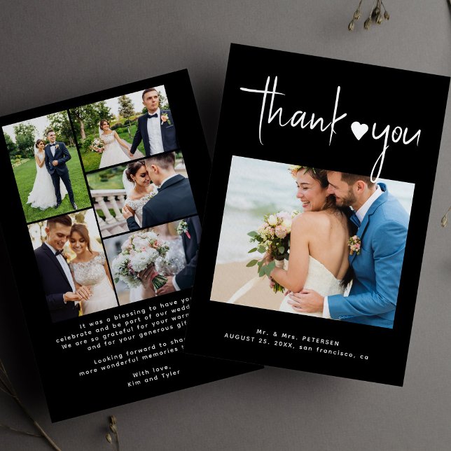 Carte De Remerciements Mariage noir de collage photo moderne (Créateur téléchargé)
